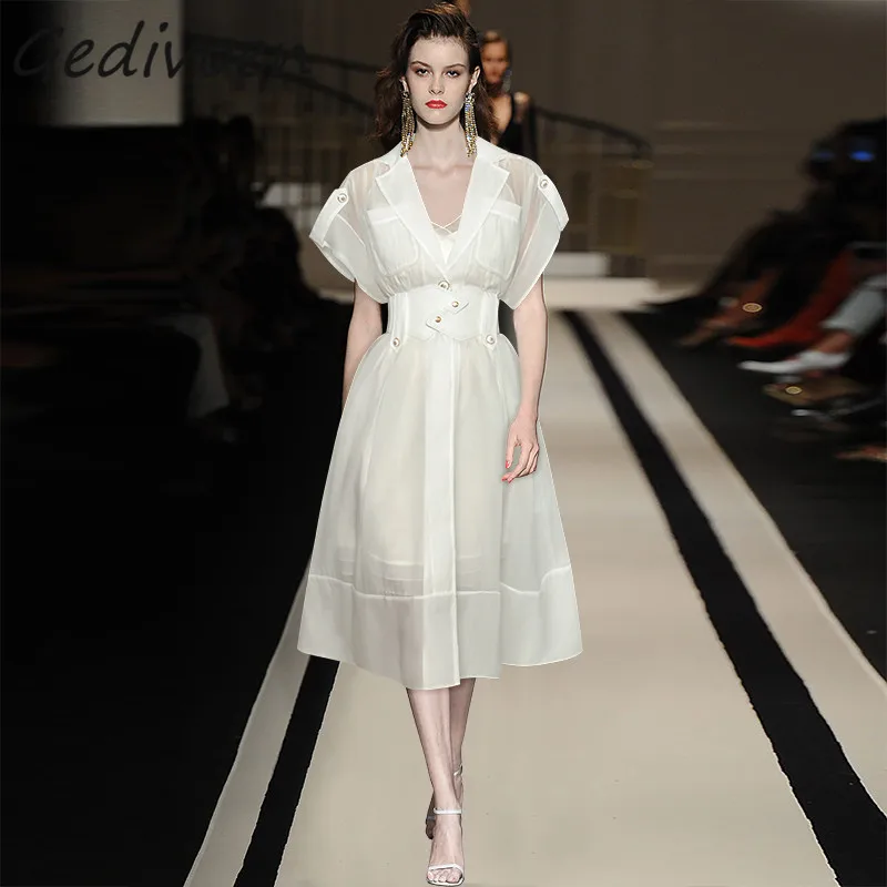 

Gedivoen Summer Fashion Designer Temperament Midi Dress Women Batwing Short Sleeve Button Gathered Waist Frenulum Vintage Dress