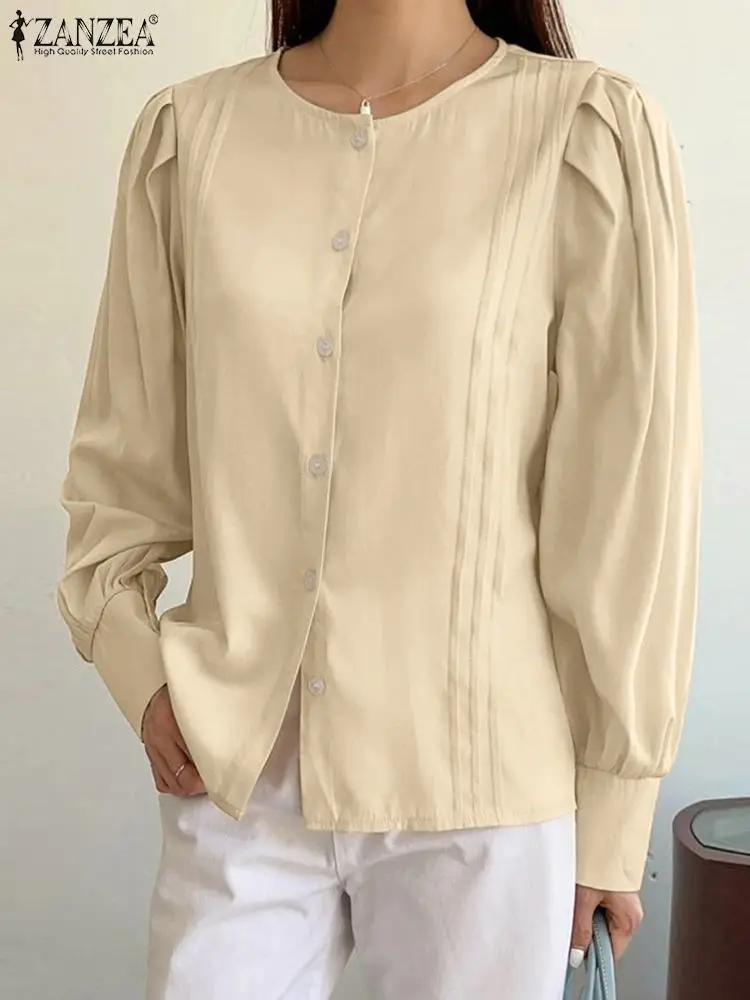 

Летняя плиссированная блузка на пуговицах ZANZEA 2024, модная женская рубашка, повседневные офисные однотонные топы, элегантные блузы с пышными длинными рукавами, туники