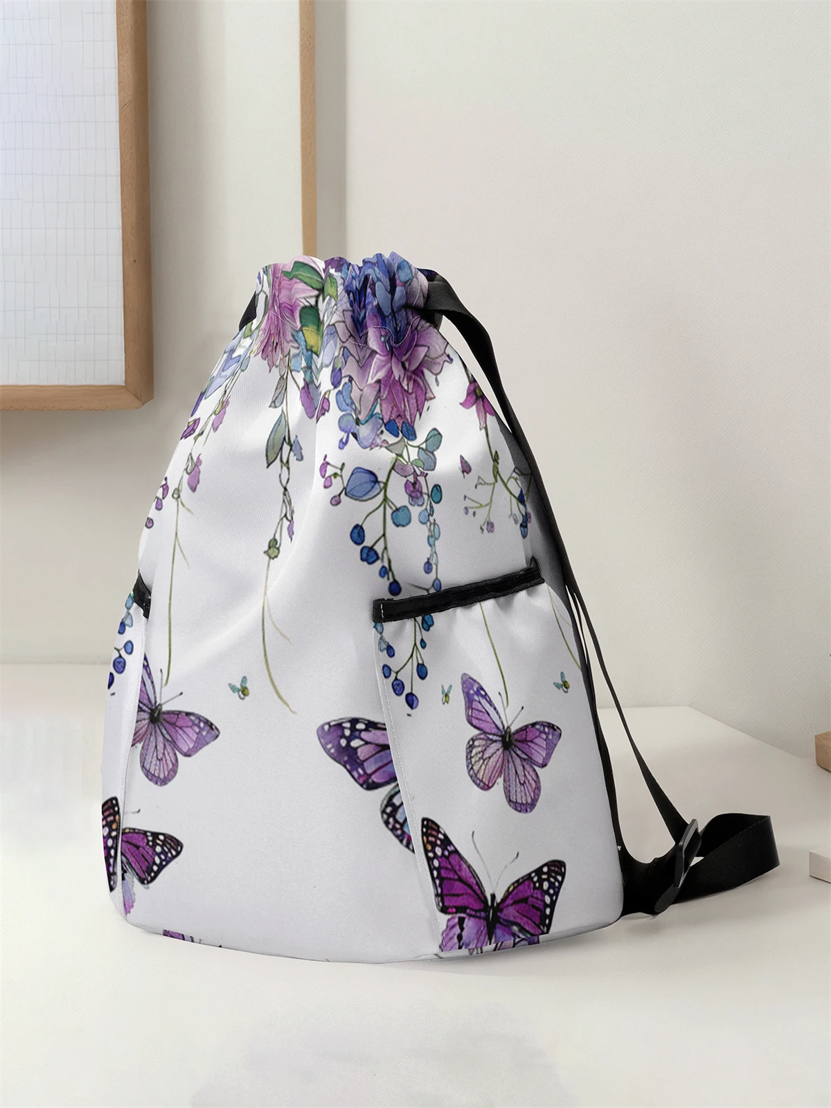 Butterfly Pattern Printed Drawstring Backpack - Large Capacity Durable Fitness Bag, Sports Beach Backpack