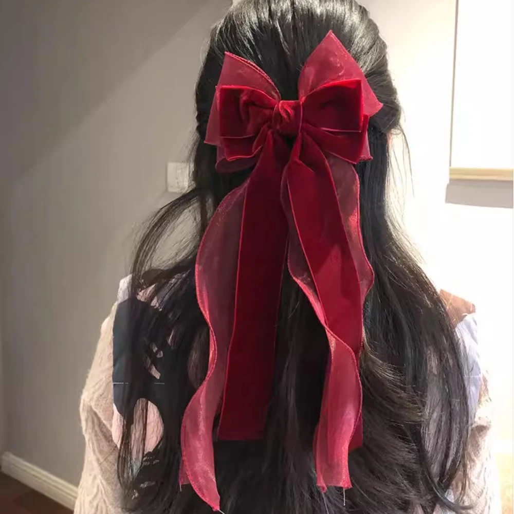 Red Bow Barrettes Hair Pin For Bride Wedding Half-Tied Hairpin Women Female Back Of Head Velvet Spring Clip Hair Accessories