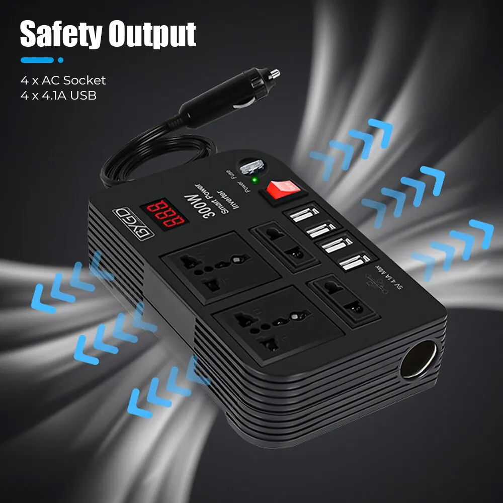 Overload Protection Car Inverter 4 AC Sockets 4 USB Ports ON OFF Switch Fuse 300W DC 12V to AC 220V Converter Power Adapter vehicle inverter car converter inverter car inverter car power converter power inverter