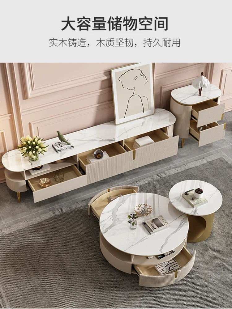 

Кремовый ветер, каменная плита, кофейный столик, тумба для телевизора, современная простая гостиная, круглый итальянский искусственный роскошный стол для хранения