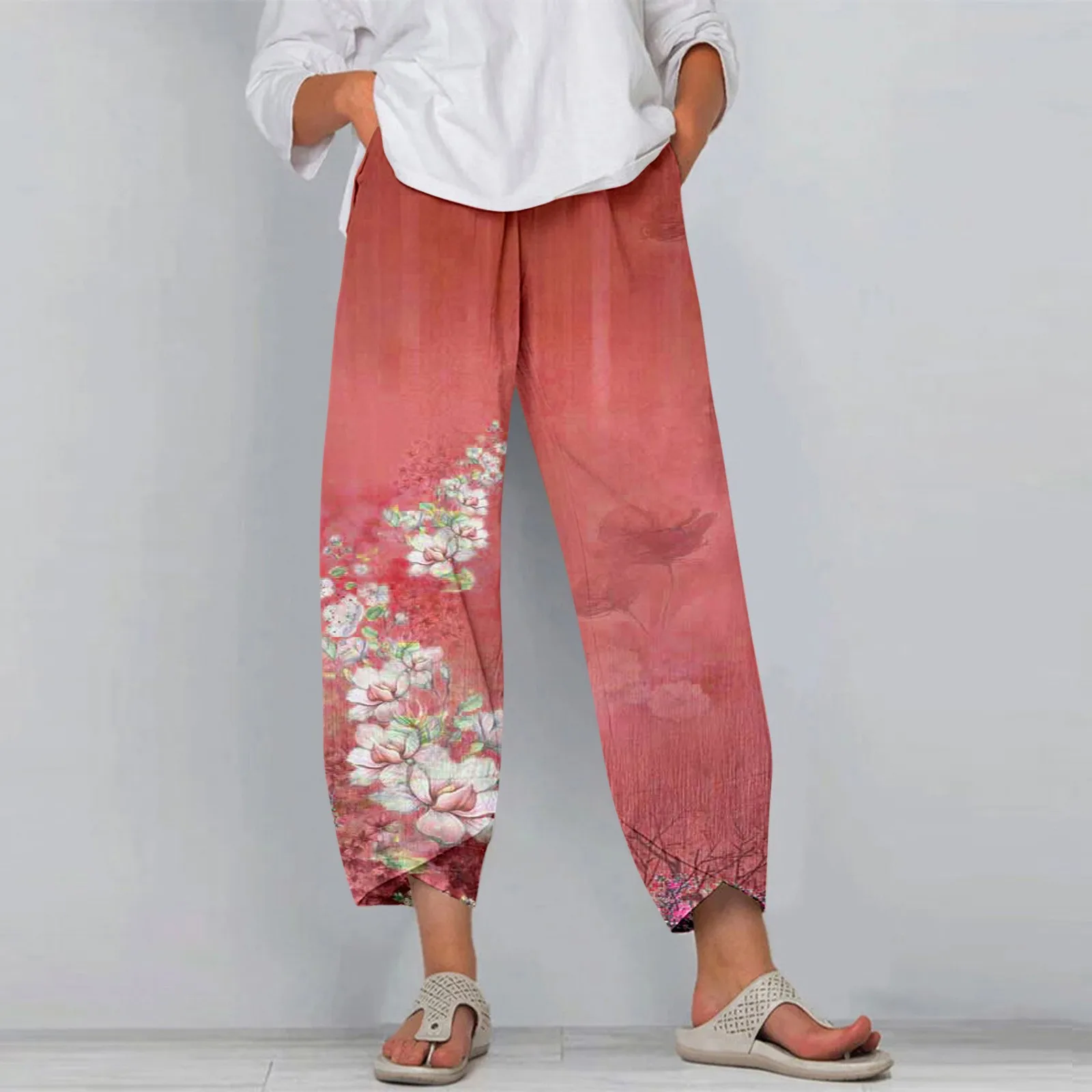 

Брюки-Капри женские спортивные с цветочным принтом, повседневные Широкие штаны в стиле ретро, пляжные мешковатые укороченные брюки-султанки с эластичным поясом, на лето