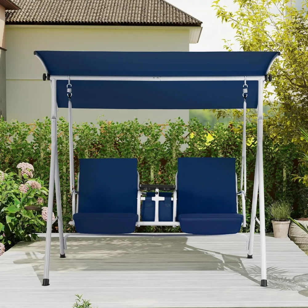 2 Seat Outdoor Porch Swing,Patio Swing with Adjustable Canopy, Heavy Duty 650 LBS Outdoor Swing with Pivot Storage Table 3