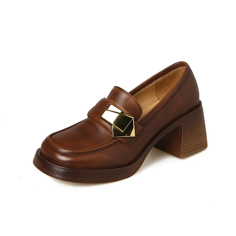 

2023 Spring autumn women pumps natural leather 22-25cm washed cowhide+pigskin full leather loafers Retro thick soled women shoes