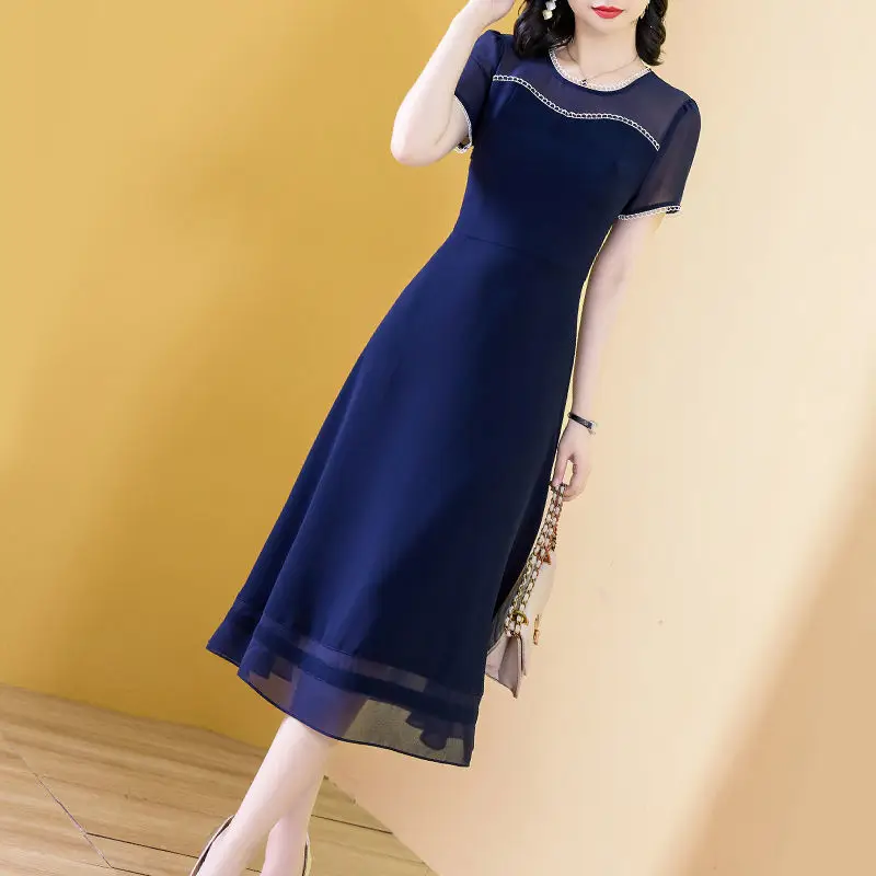 

2023 New Summer Fashion Patchwork Solid Color O-neck Short Sleeve Elegant Dress Women Clothes Temperament Buttons A-line Dress