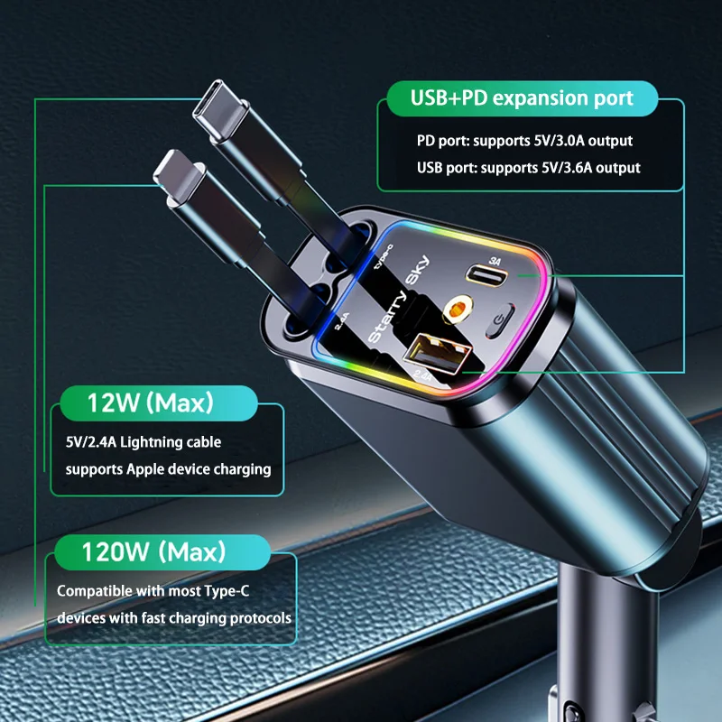 4 in 1 Car Charger With Multifunctional Dual Retractable Automatic Storage Charging Cable And Starry Sky Top Projection Light