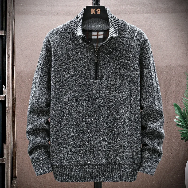 2023 New Autumn Winter Men\'s Fleece Thicker Sweater Half Zipper Turtleneck Warm Pullover Quality Male Slim Knitted Wool Sweaters