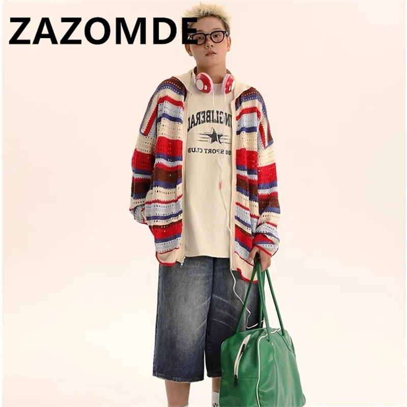 ZAZOMDE Knitwear Hollow Out Cardigan Sweater Trend Casual Tops Autumn Outerwear Korean Style Loose Couple Striped Sweater Coat