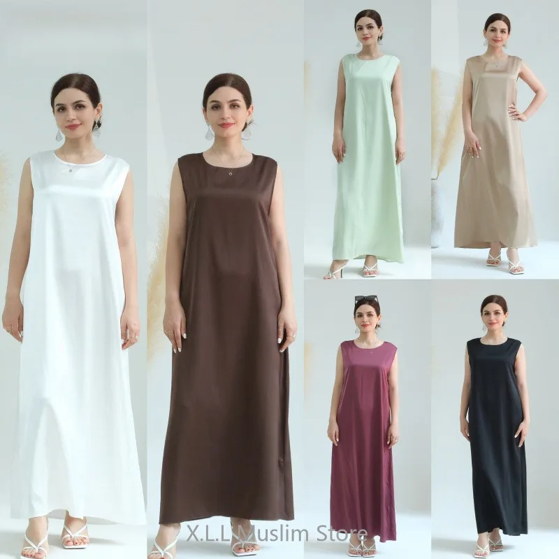 Ramadan Sleeveless Abaya Turkey Islam Arabic Muslim Long Dress Silky Inside Dresses For Women Clothing Musulmane Femme Vestido