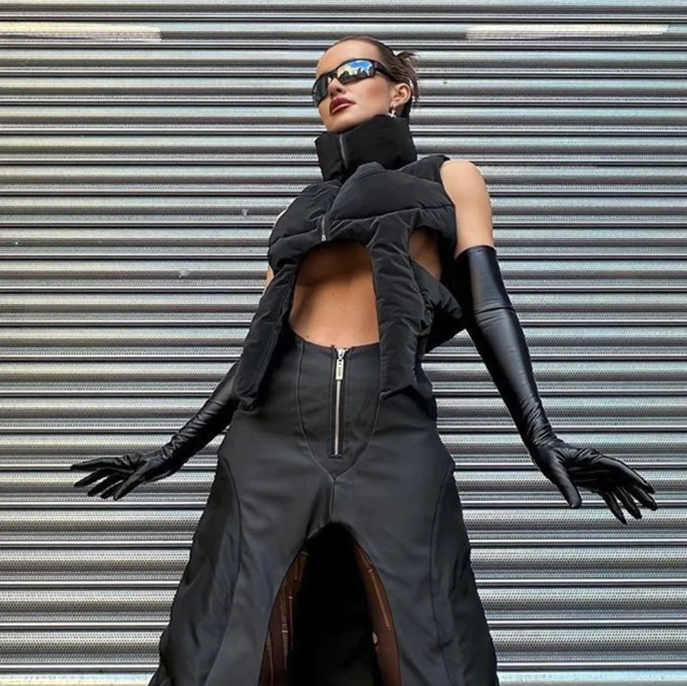 

Asymmetrical Cotton Padded Vests Solid Women Cut Out Stand Collar Sleeveless Zipper Puffer Jackets Warm Winter Outwear Crop Tops