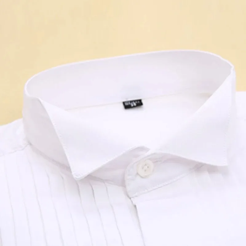 Men's Wing-tip collar 1/4" Pleat Tuxedo Dress Shirt French Cuffs Hidden Buttons Placket Long Sleeve Wedding Bridegroom Shirts