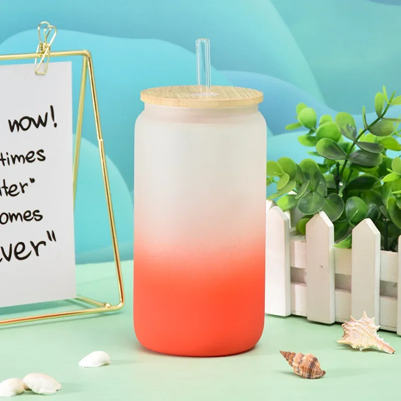 Sublimation Blank Straight Glass Tumbler Gradient Color 17oz Coffee Mug Juice Beer Wine Tumblers Frosted Cup with Bamboo Lid