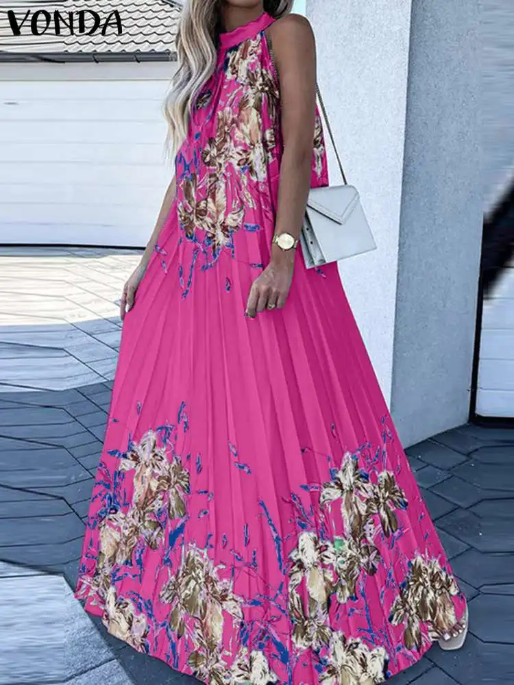

VONDA Bohemian Women Long Dress 2023 Summer Sexy Halter Holiday Beach Vestidos Vintage Floral Printed Sleeveless Maxi Robe Femme