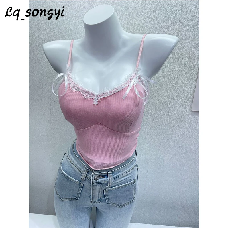 

Lq_songyi Slim Camisole Women Sleeveless Tops with Chest Pads Spaghetti Strap Cotton Tanks Top Female Basic Sexy Solid INS Camis