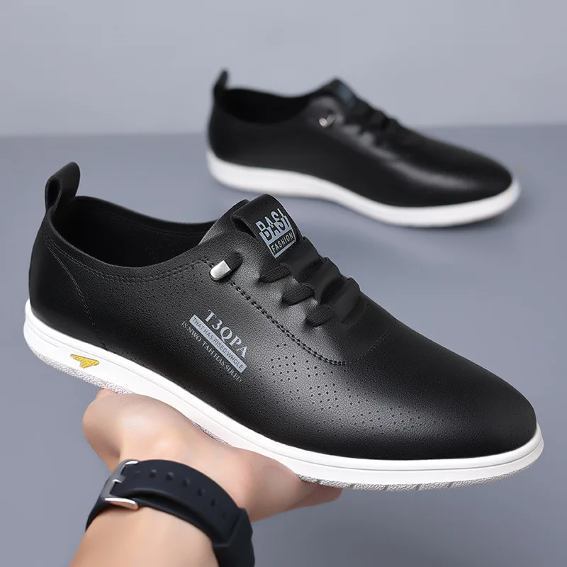 2025 Shoes for Men Leather Casual Shoes Summer New Microporous Slip-on Loafers Fashion Round Toe Sandals Driving Shoes 3