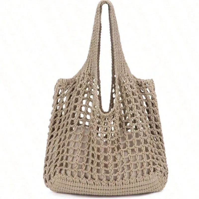 Women Crochet Tote Bag Hollow Beach Bag Large Capacity Fashion Knitted Bag Solid Color Simple Shopping Bag for Travel Vacation 6