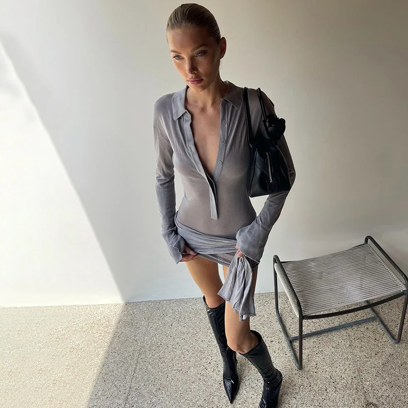 Fashion Sexy See-Through MIni Dress For Women Lapel Pleated See-Through Bandage High Waist Dress Female Solid Mini Dress