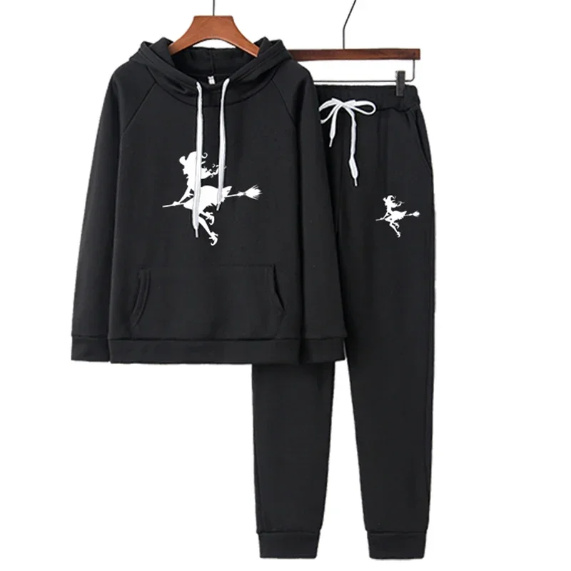 

2023 Hoodies Women Two Piece Set Solid Oversized Tracksuits Thick Warm Hooded Sweatshirt Girly Print Jogger Pants Suit