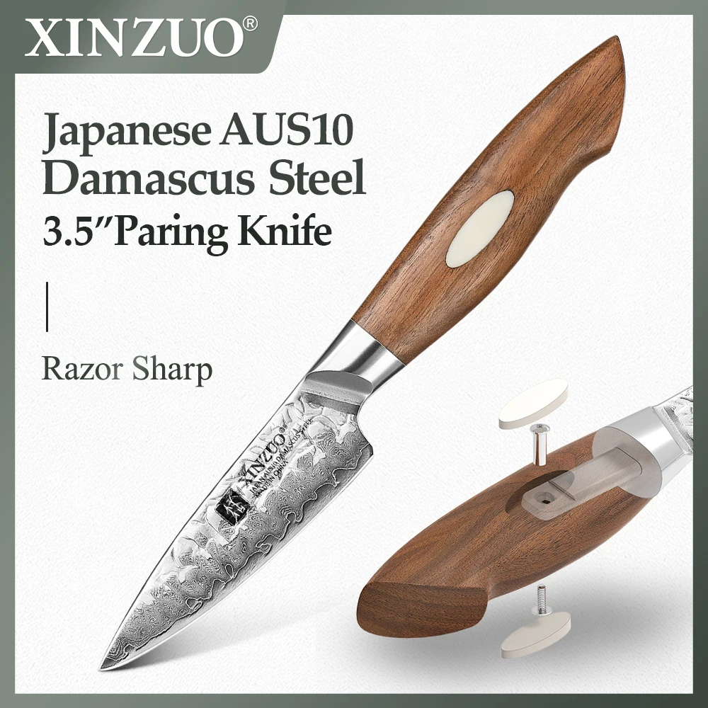 

XINZUO 3.5" Paring Knife Damascus Steel Outdoor Portable Pocket Knife Damascus Steel Patterned Blade Fruit Knife Kitchen Utensil