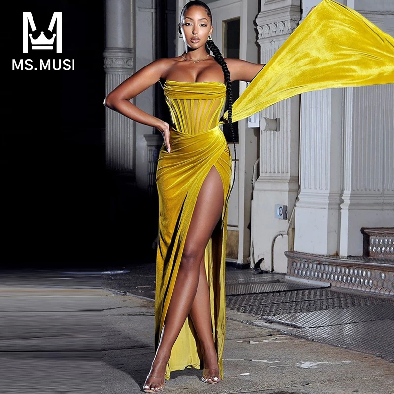 

MSMUSI New Fashion Women Sexy Strapless Velvet Mesh Lace Draped Sleeveless High Slit Backless Bodycon Maxi Dress Long Dress Gown