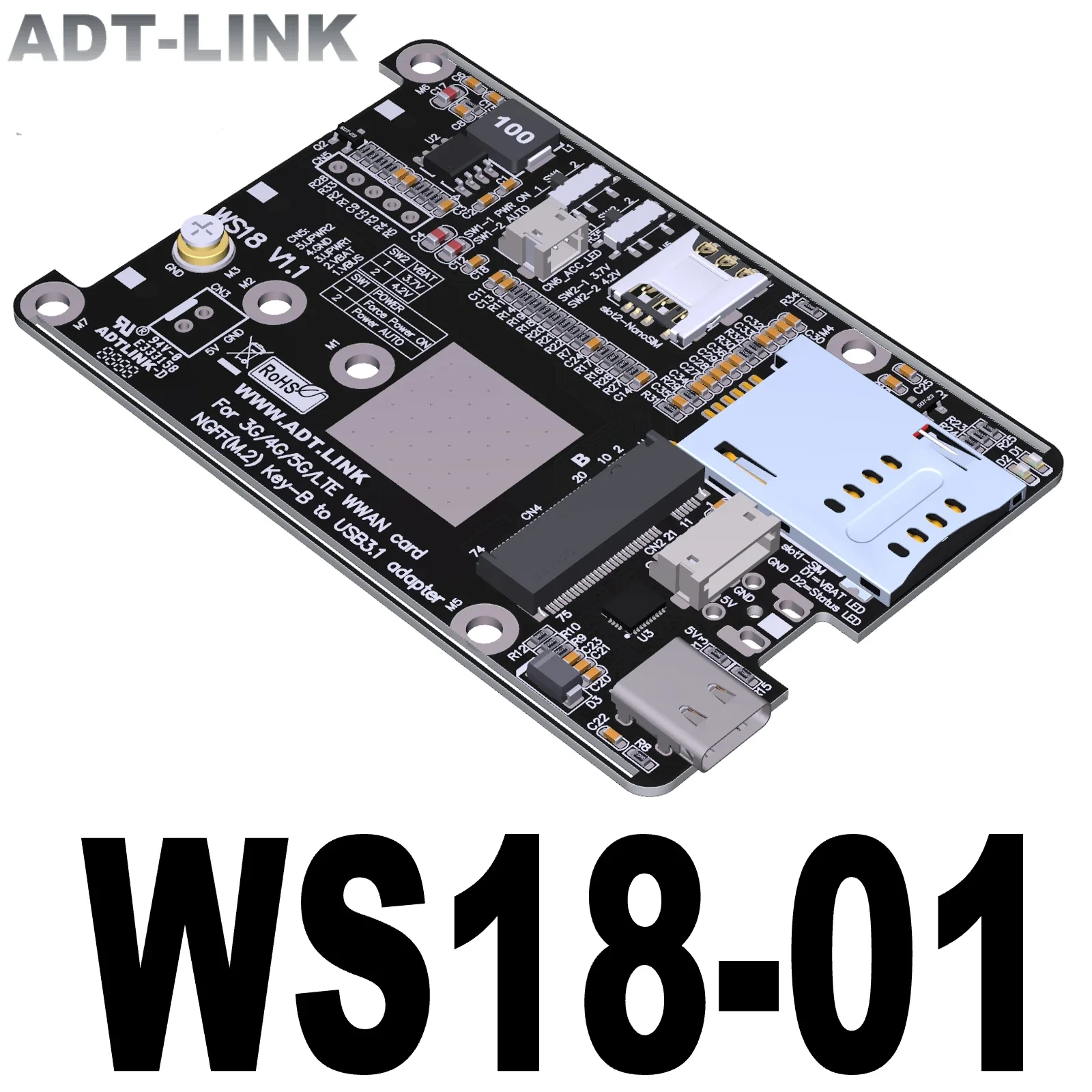 Cartão Modular do Adaptador das Telecomunicações Móveis Entalhe a Usb 3.1 tipo c 4g Lte Unicom Adt Ngff Chave de M.2 b Wwan 5g 2230 3042 3052 2230