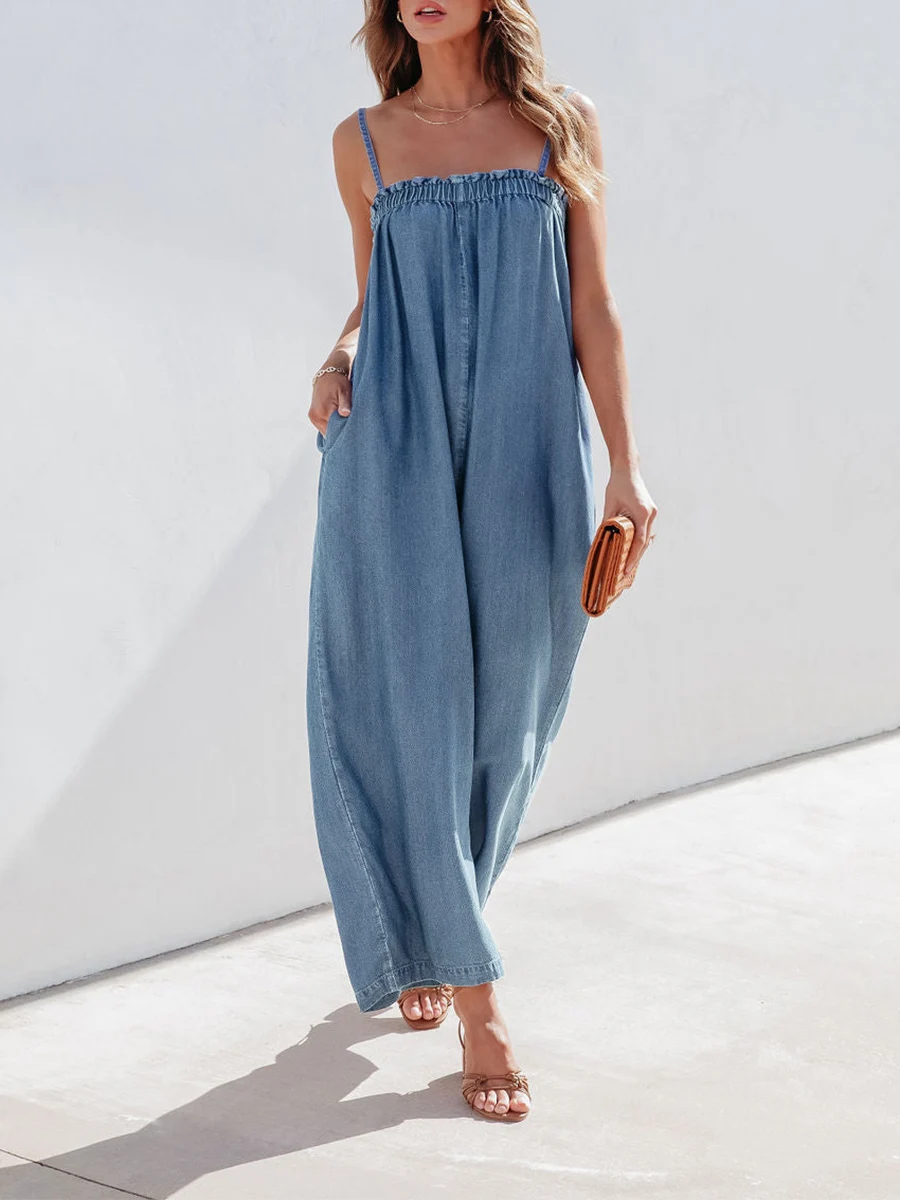 

Women s Wide Leg Jumpsuits Plus Size Suspender Denim Overalls Loose Baggy Rompers Pants with Pockets