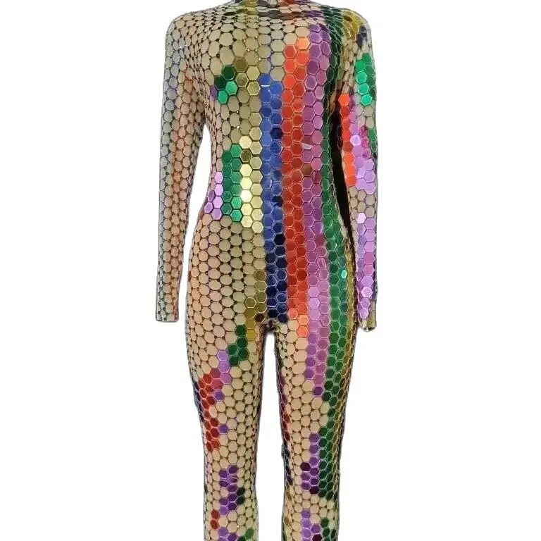 Stage Outfit Mirror Rhinestones Transparent Jumpsuit Long Sleeve Birthday Prom Party Dress  Dancer Show Outfit Stage Wear