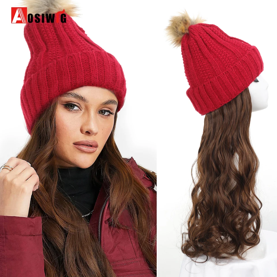 

Hat Wig Beanies Hat With Hair Wigs For Women Synthetic Long Wavy Hair Warm Soft Ski Red Knitted Autumn Winter Cap Wig