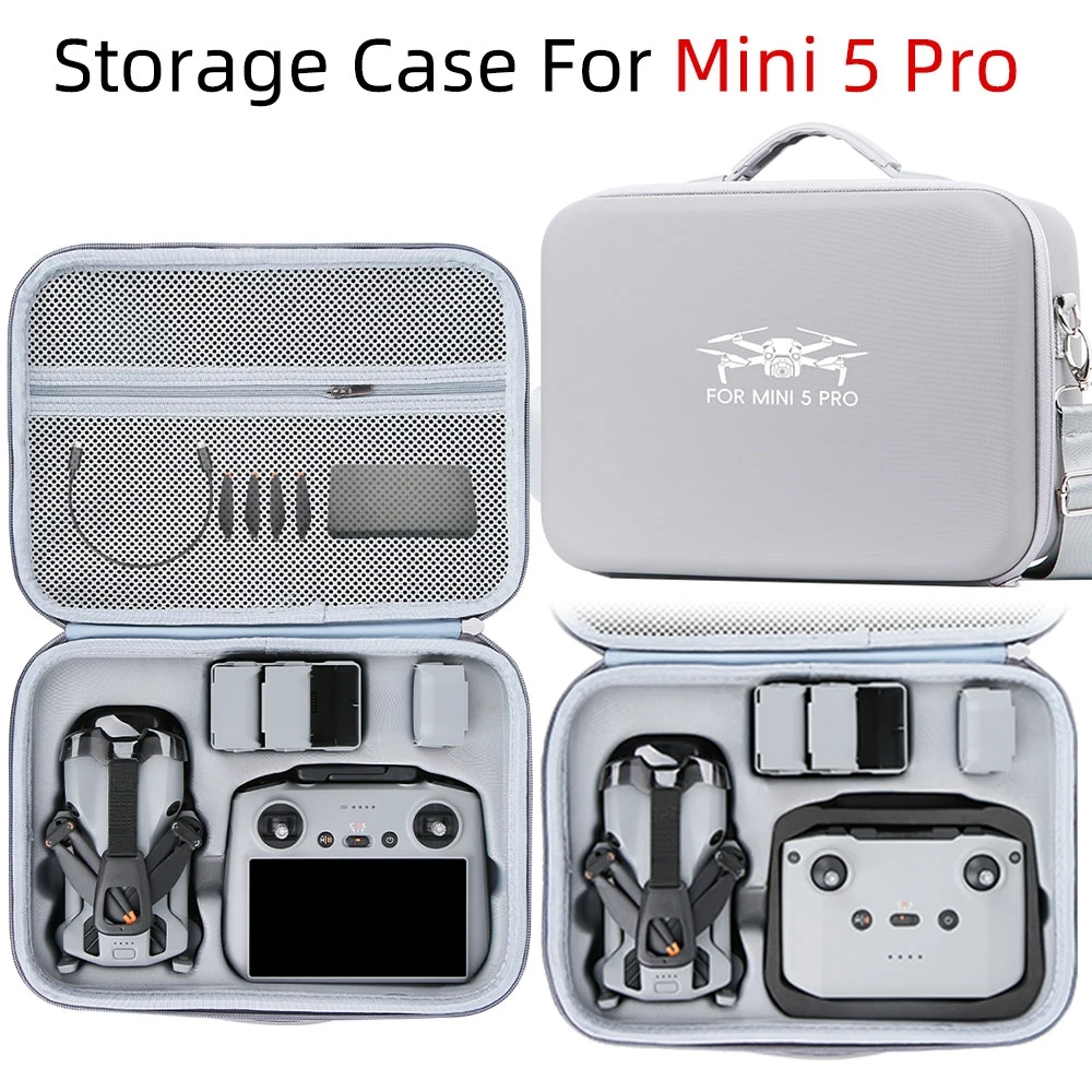 Vue arrière du sac de transport pour DJI Mini 5 Pro, avec poignée et bandoulière amovibles, rangement optimisé.