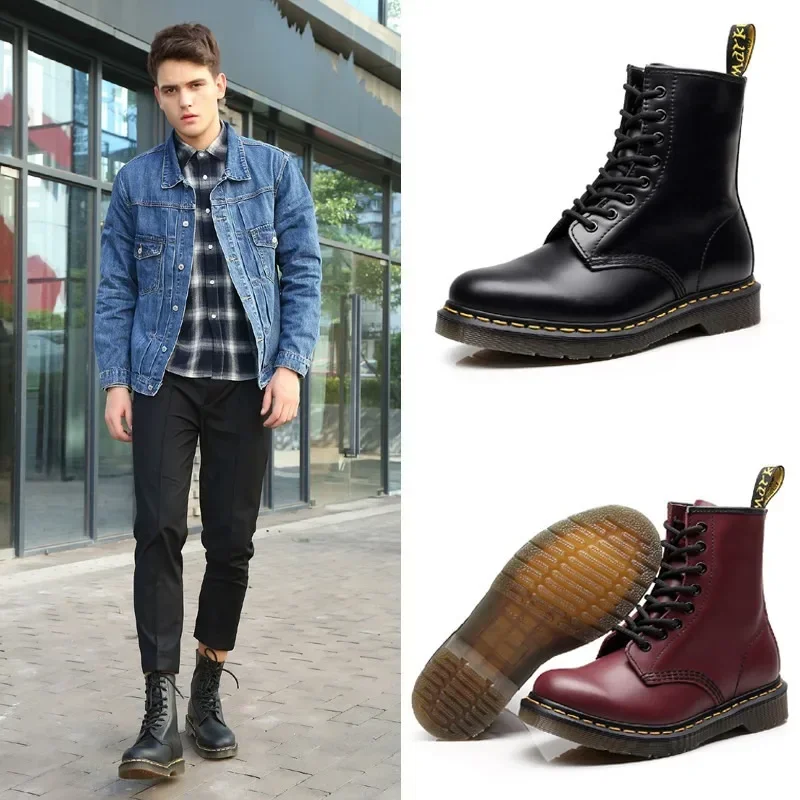 

Высокие женские ботильоны Martens в британском стиле, мужские зимние ботинки, кожаные ботинки, модные мотоциклетные ботинки с круглым носком