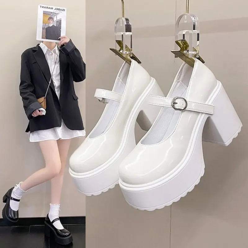 Fashion White Platform Pumps for Women Super High Heels Buckle Strap