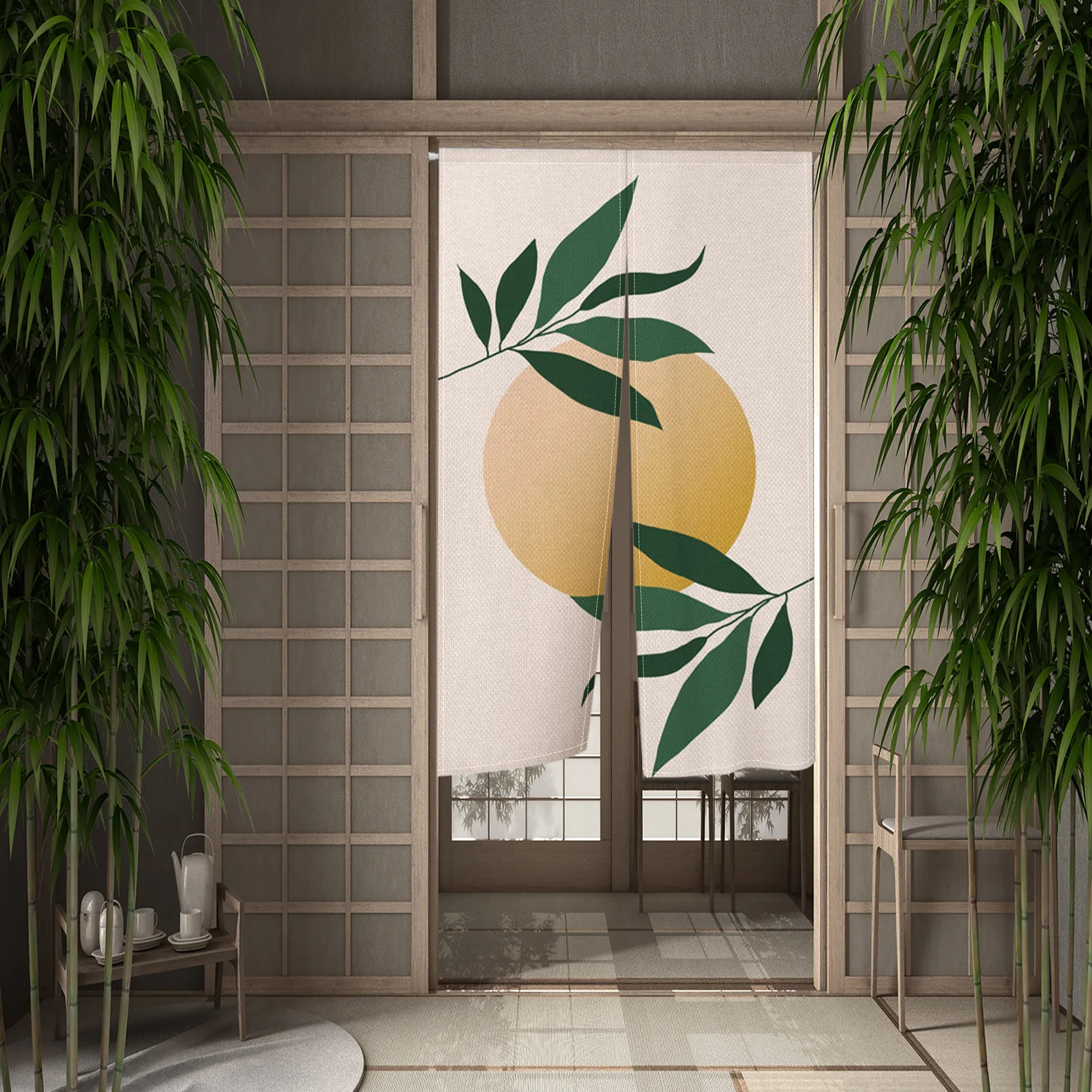 Round Geometric Simple Japanese Door Curtain Green Leaf Flower Minimalism Noren Kitchen Partition Entrance Hanging Half Curtains 3