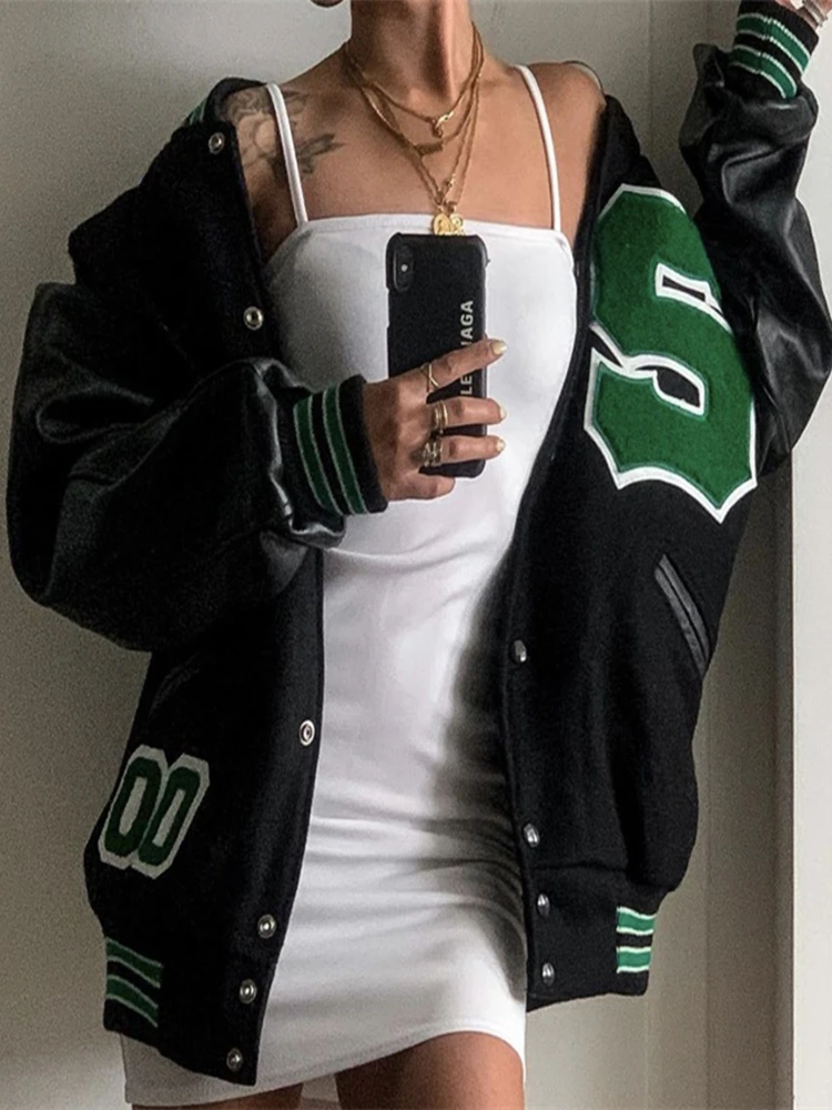 Pu Sleeve Oversized Varsity Jacket