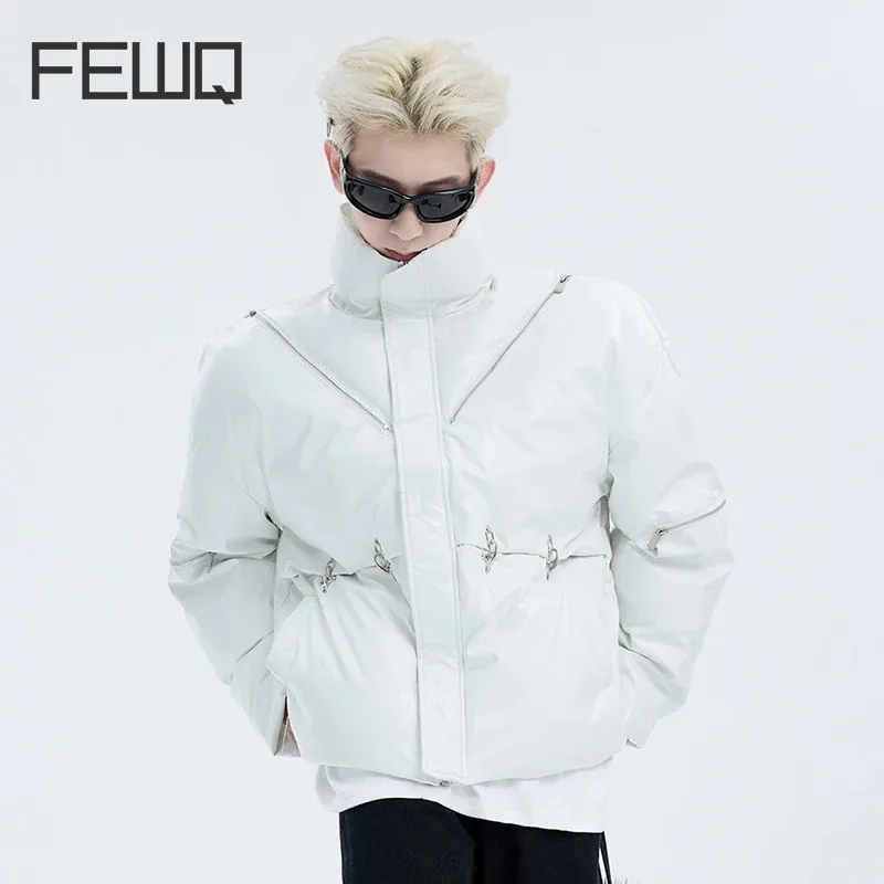 

FEWQ PU Leather Cotton Jacket Men's Metal Buckle Zipper Design Male Niche 2023 Solid Color Darkwear Male Tops Winter 24X3172