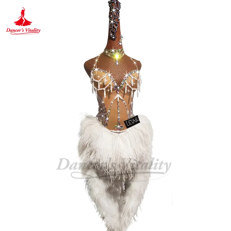 

Latin Dance Competiton Dress for Women Customsized Feather AB Stones Chacha Tango Performance Professional Clothing Latin Skirts