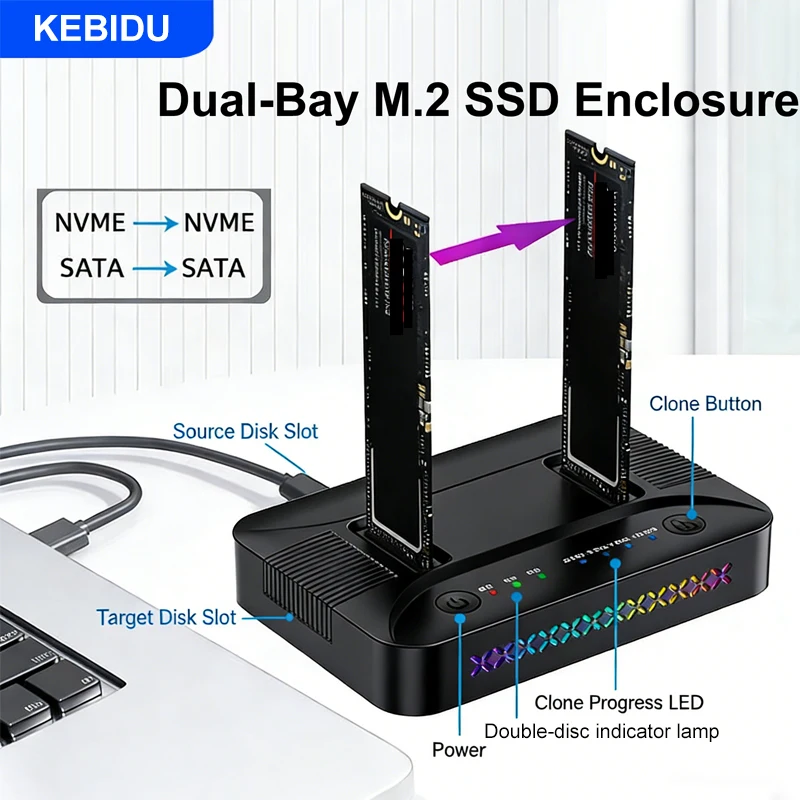 M.2 NVMe/SATA Case Dual-Bay Hard Drive Docking Station Offline Clone Hard Disk M.2 SSD Duplicator USB GEN2 SSD Adapter Enclosure