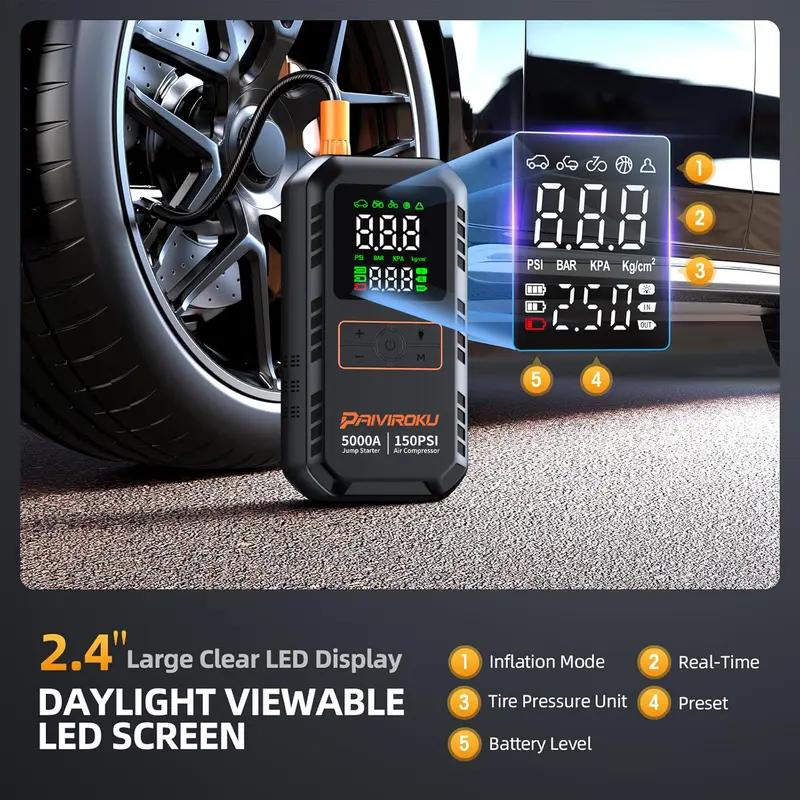 PAIVIROKU 4-IN-1 Car Jump Starter with Air Compressor 5000APeak Auto Battery Booster 150PSI Air Pump Power Bank Tire Inflator - Image 4