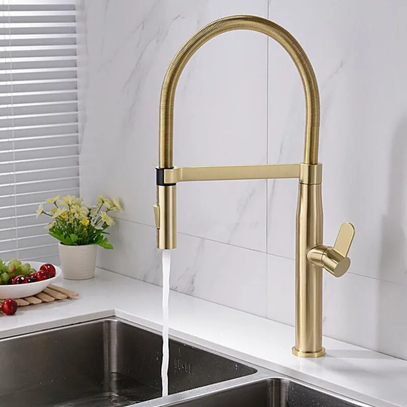 

Brass Brushed Gold Kitchen Faucets Hot & Cold Sink Mixer Crane Taps Single Handle Spring Style Rotating Chrome/Nickel/Black
