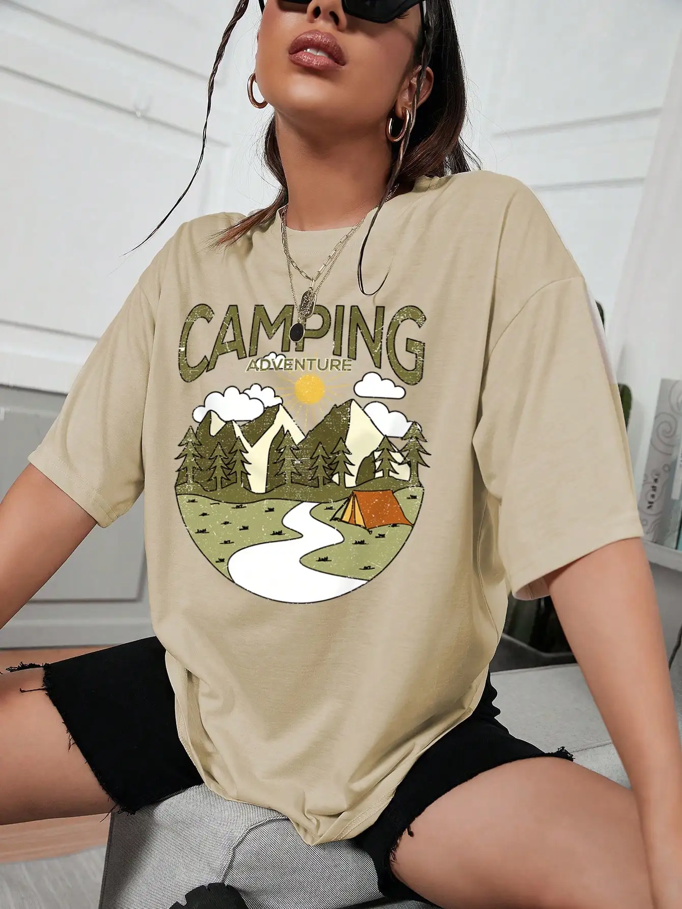 

Camping Adventure Cotton Print Women Tshirt Vintage Hip Hop Tshirt Trend Soft Creativity Tee Shirt Aesthetic Essential Tshirt