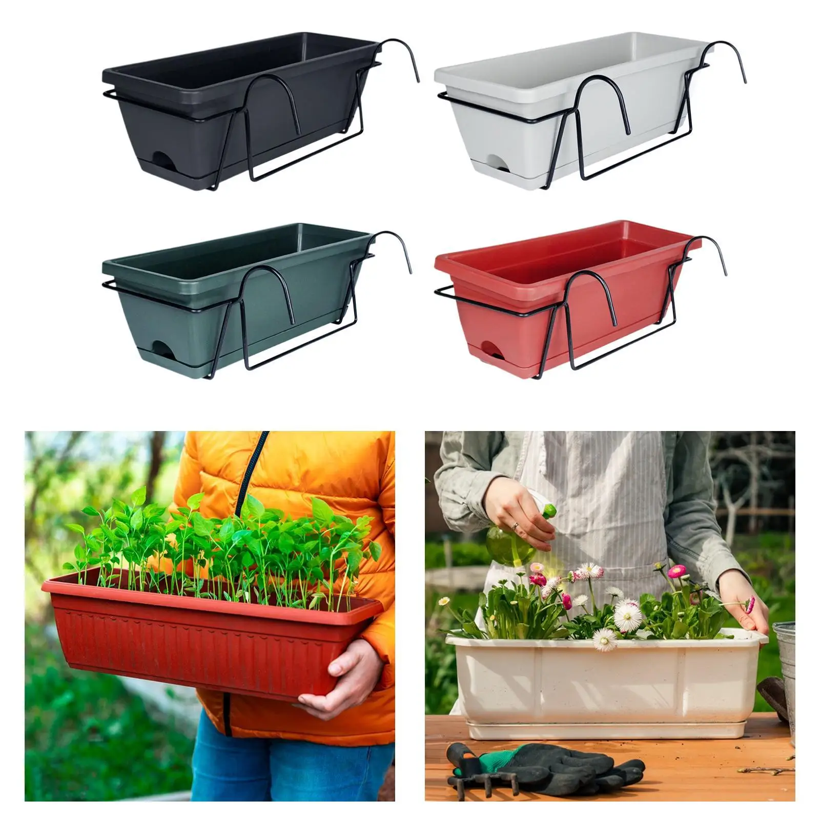 Hanging Flower Pot for Fence And Balcony, Flower Box, Flower Pot with Drainage Hole, Removable Tray, 43 X 19 X 15 Cm