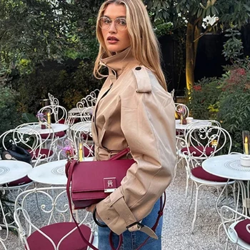 HXAO المرأة سترة واقية معطف ديمي الموسم اقتصاص خندق معطف امرأة طويلة الأكمام حزام سترة جديدة مزدوجة الصدر قصيرة خندق 3