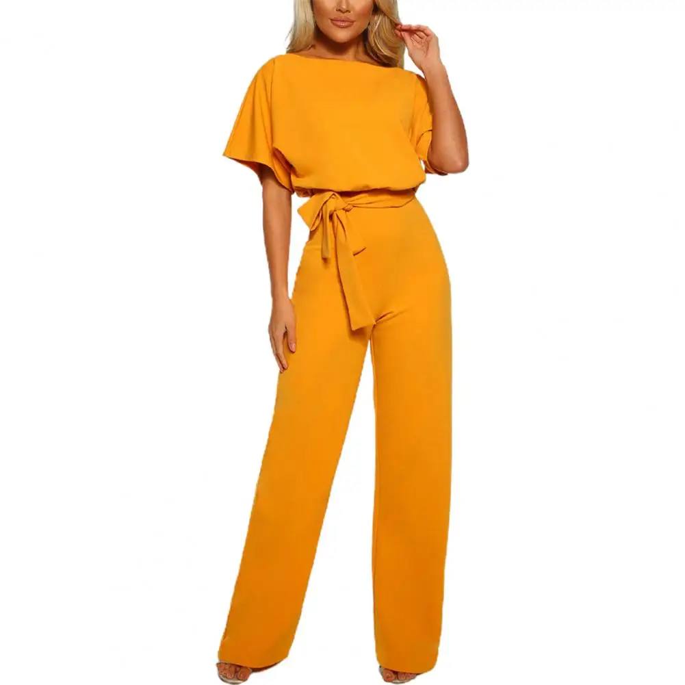 

Women Jumpsuits Summer O-Neck Short Sleeve Button Slash Wide Leg Pant Casual Overalls Full Trouser