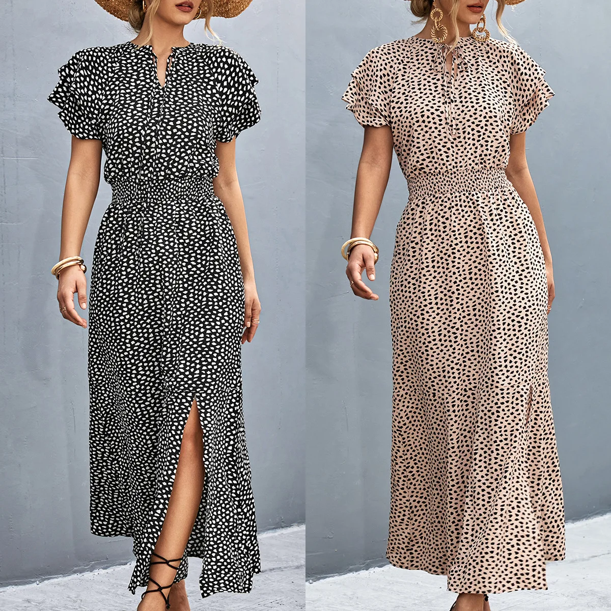 

Casual Women Maxi Dresses Sexy V Neck Elastic Tunic Summer Polka Dot Dress Female Flying Sleeve Boho Fashion A-line Split Dress