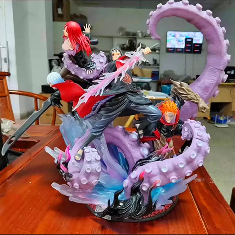40cm Anime NARUTO Akatsuki Uchiha Sasuke Hohzuki Suigetsu Karin Jyuugo Vs Eight Tail Battle Model Statue PVC Desk Ornaments Gift
