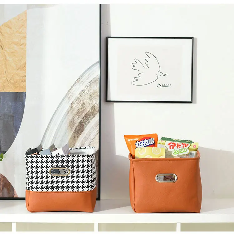 

Zebra pattern storage box houndstooth PU leather and canvas patchwork Storage Basket