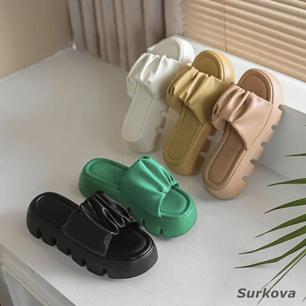 2023 Summer New The New Open-Toe Outer-Wearing Shallow Sandals High Heels Shoes Thick Soles Flat with Shallow Women Slippers Pu