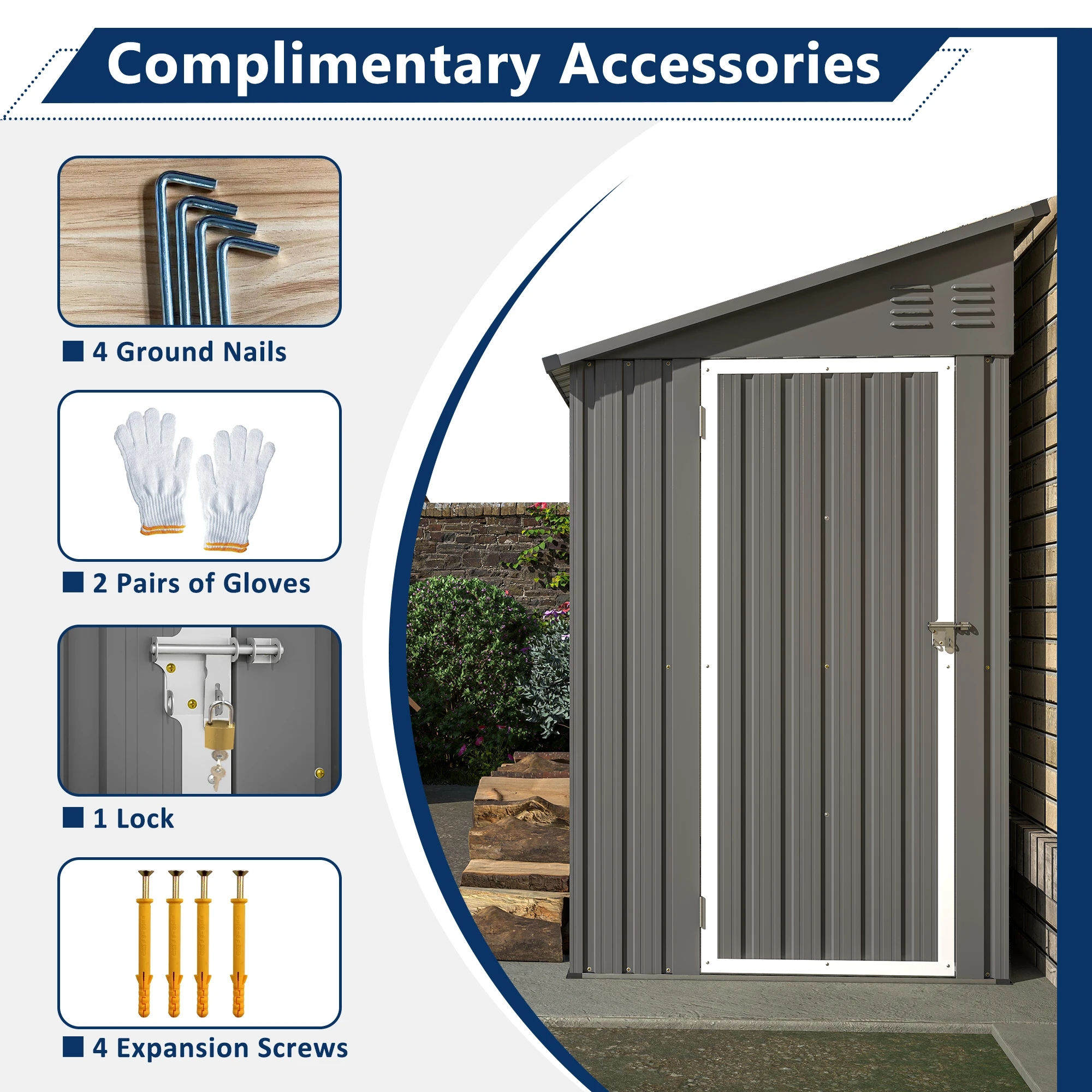 LZBEITEM 4' x 8' Metal Wall Side Storage Sheds & Outdoor Storage, Garden Storage Cabinet for Backayrd,Grey - Image 4
