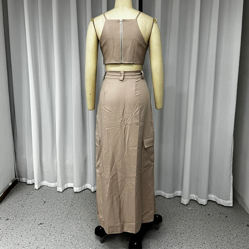 Wefads Women Summer 2024 Fashion Sexy Solid Suspender Sleeveless With Zipper Top A Line Shirring With Pocket Slit Long Skirt Set