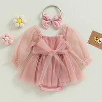 ma&baby 0-24M Newborn Baby Girl Romper Princess Infant Toddler Long Sleeve Tulle Jumpsuit + Bow Headband Fall Spring Outfits 4